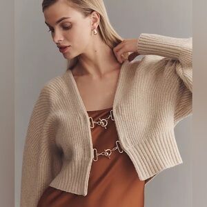Anthropologie Rhea Hardware Crop Cardigan Sweater Small New Beige Cream Wool